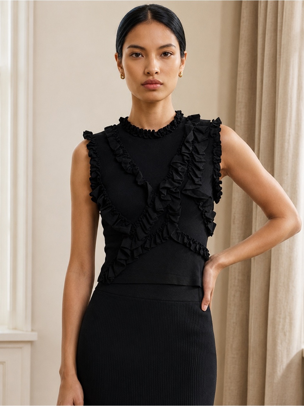 Zara Ruffle Sleeveless Knit Top Black Size S NWT